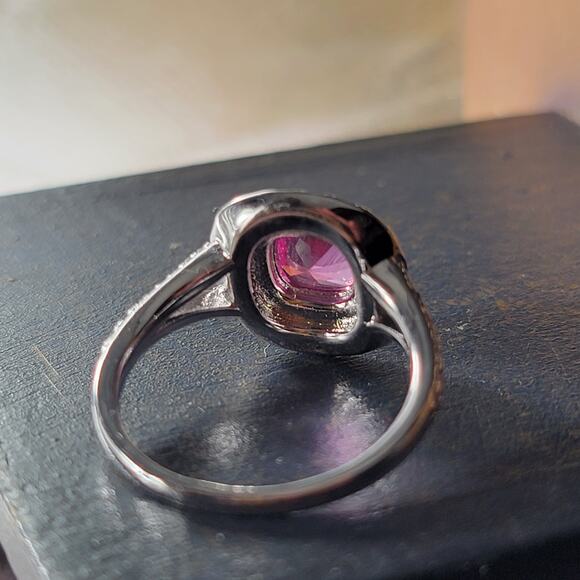 Glamorous Rhodium-Plated Size 9 Ring with Pink Gemstone and Pave Accents - Picture 11 of 16